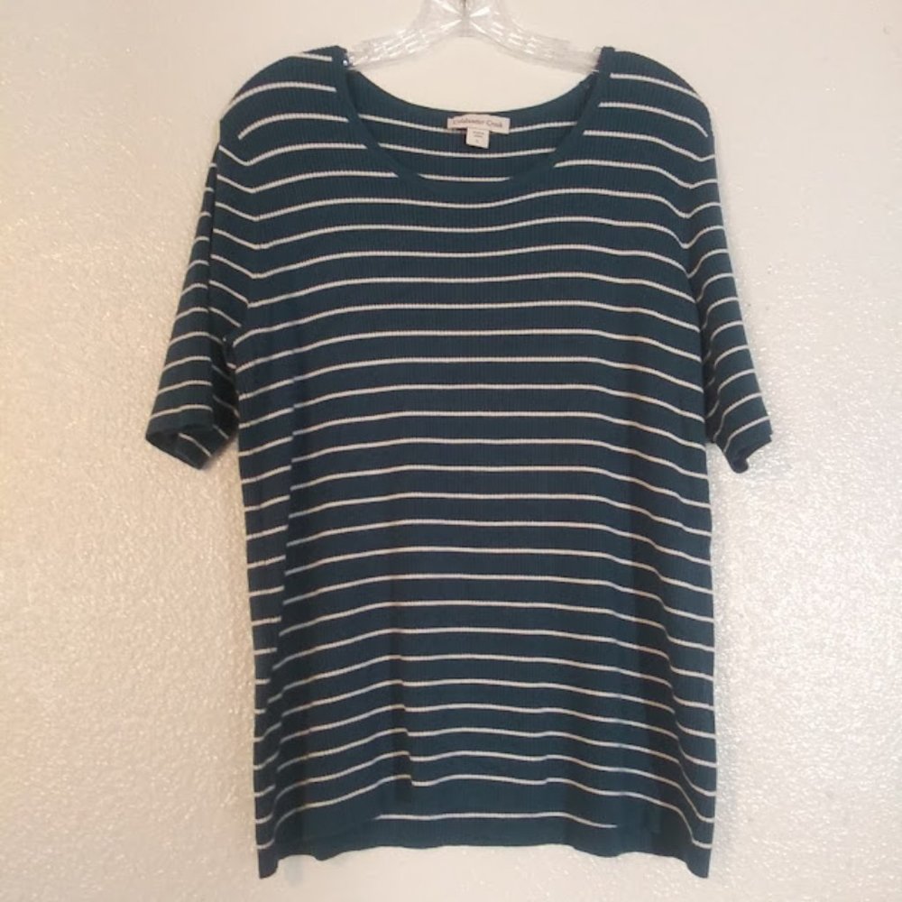Coldwater  Creek women's size L  dark turquoise and white tunic striped blouse